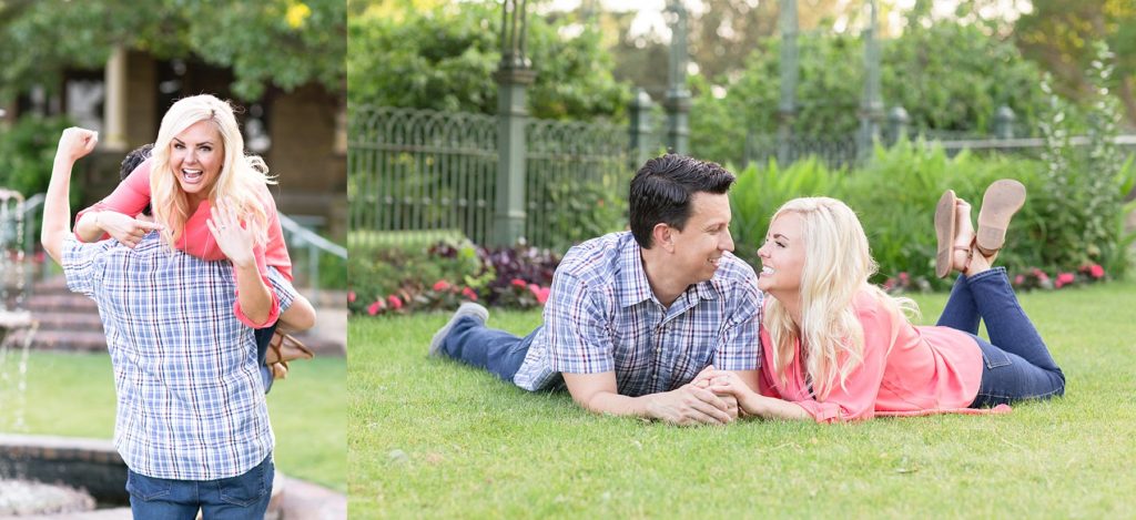 Couple laying in grass showing off engagement ring at Gilcrease Museum engagement