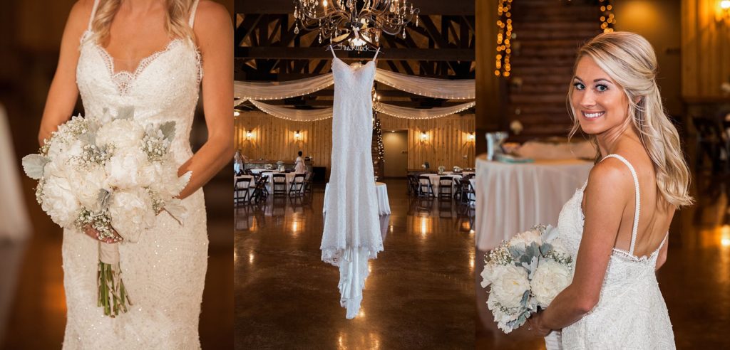 Bride standing with florals- wedding gown hangs from chandelier at The Springs Event Center Wedding