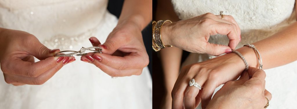 diamond bracelet being put on bride's wrist