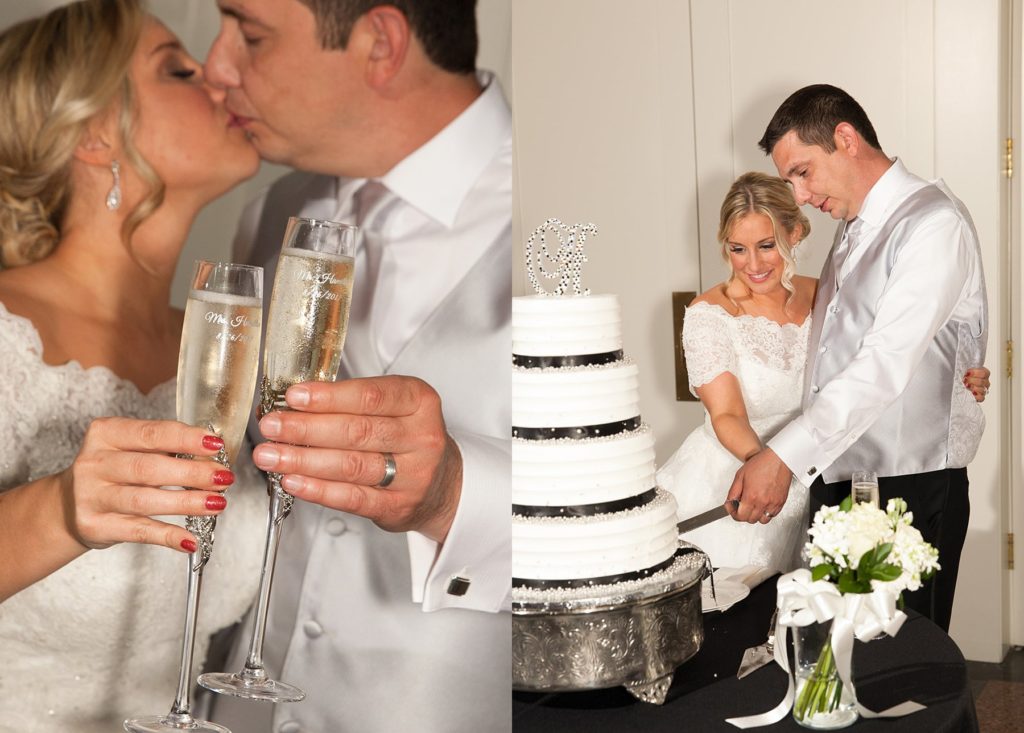 cutting wedding cake and toasting